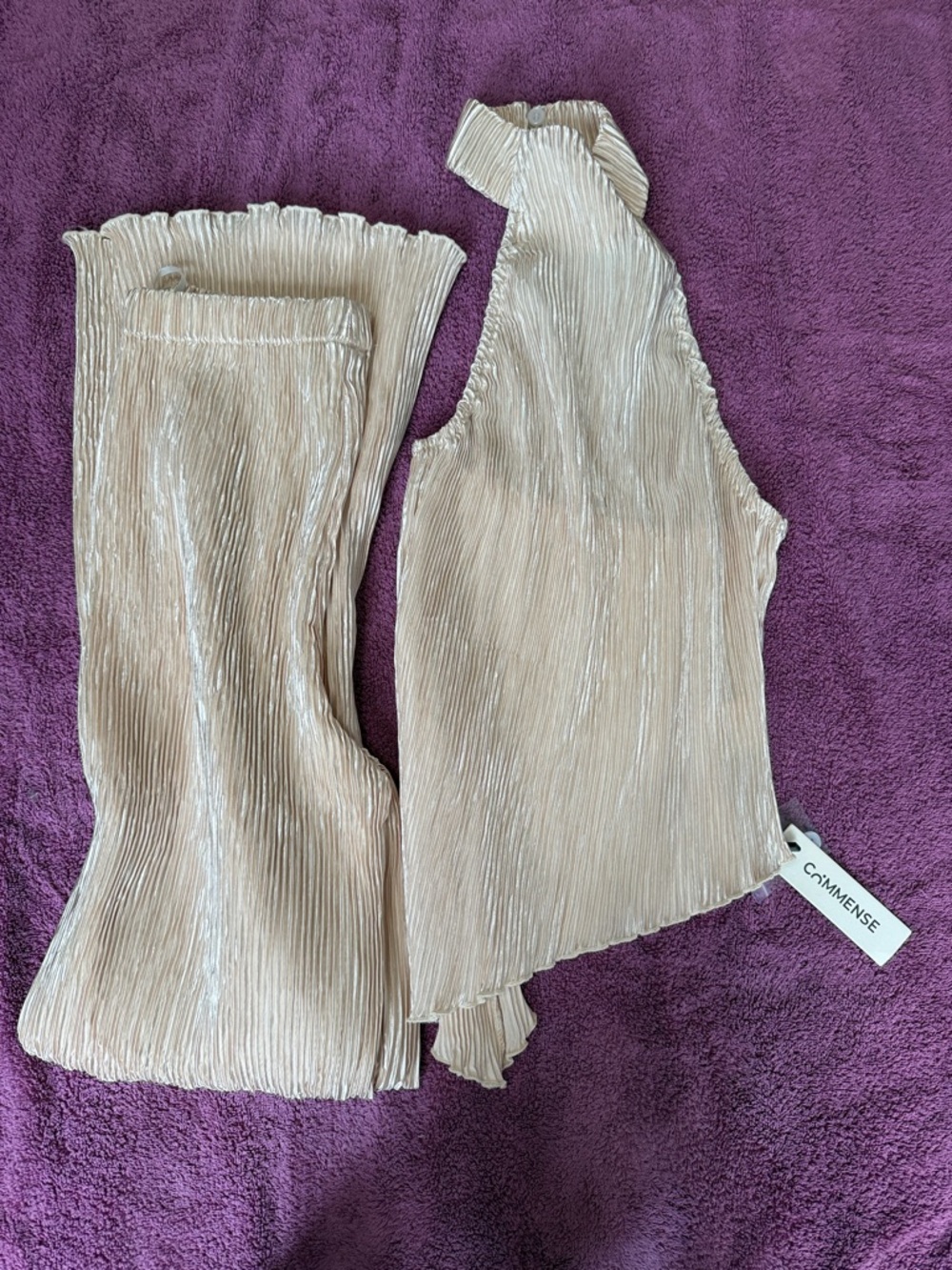 Commense Cream Pleated Asymmetrical Top with Matching Pants